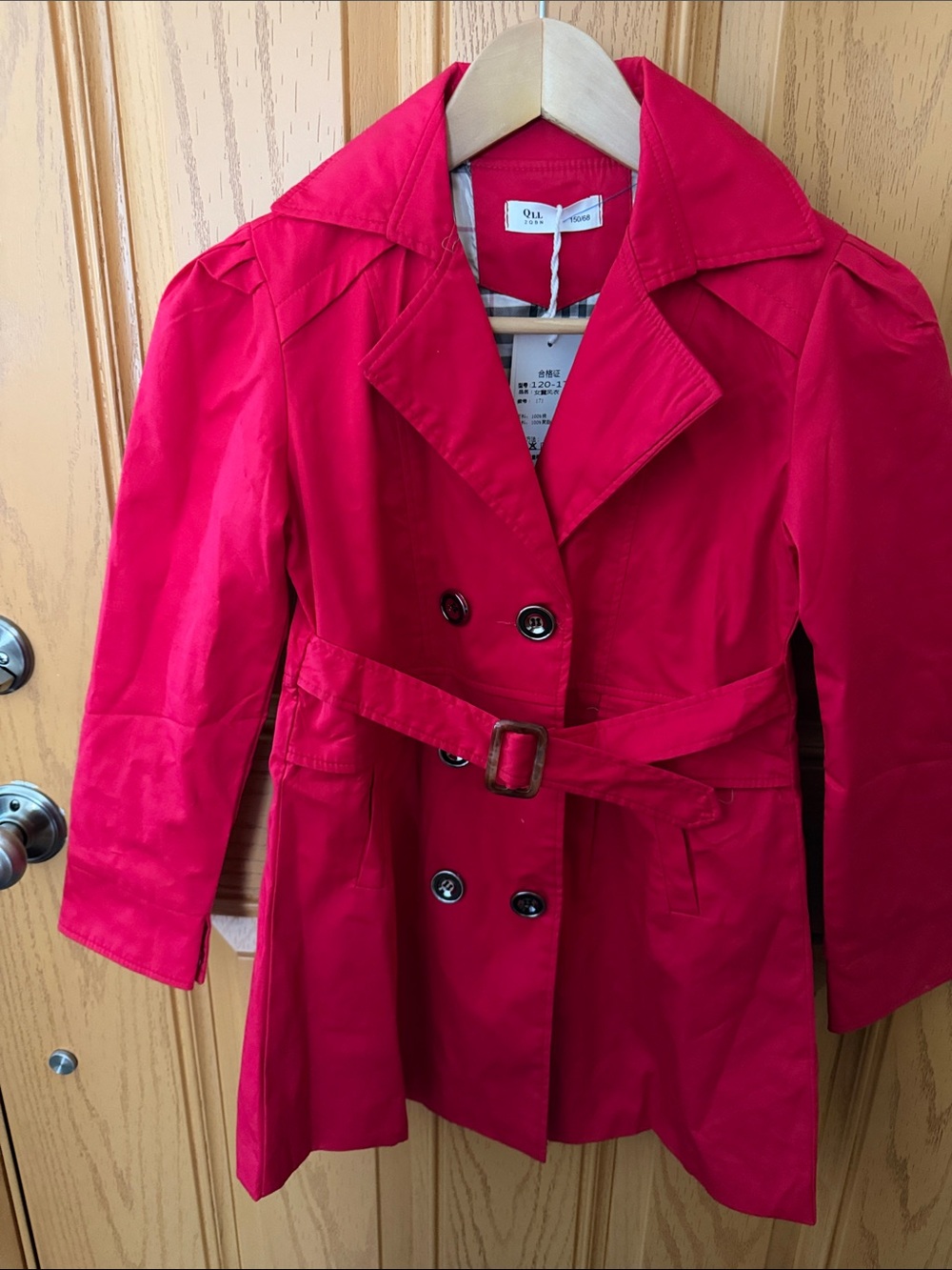 Women’s Red Double-Breasted Trench Coat with Belt